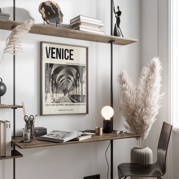 Monochrome Venice travel poster featuring Doge’s Palace arcade perspective