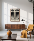 Graphic New York poster print with bold title and captioned photo panel