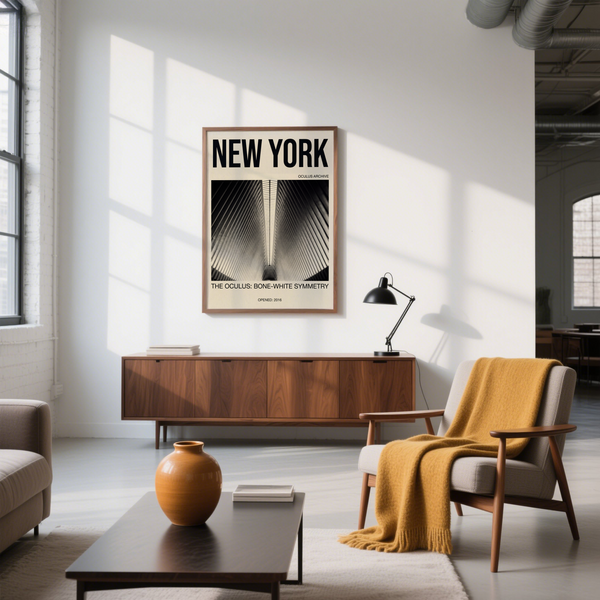 Graphic New York poster print with bold title and captioned photo panel