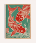 Red Koi Art wall art in green and red for living room decor