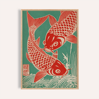 Framed Red Koi Art with two red koi fish and green background in woodblock style