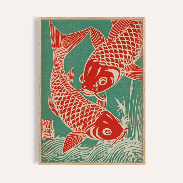 Red Koi Art wall art in green and red for living room decor