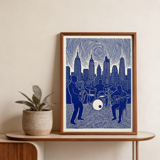 Concentric spiral sky above city skyline with jazz musicians poster print