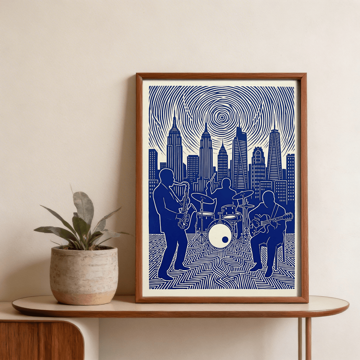 Concentric spiral sky above city skyline with jazz musicians poster print