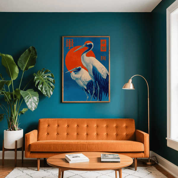 Cranes Art Print featuring Red, Blue, and White, office art print