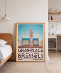Detail crop of arched colonnade and windows on Brussels Grand Place travel print poster