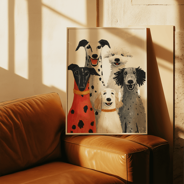 Dog Portrait Art Print with playful dogs in beige and gray, ideal for hallway wall art