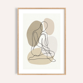 Line Art Figure Print showing minimalist seated outline over gray and beige shapes