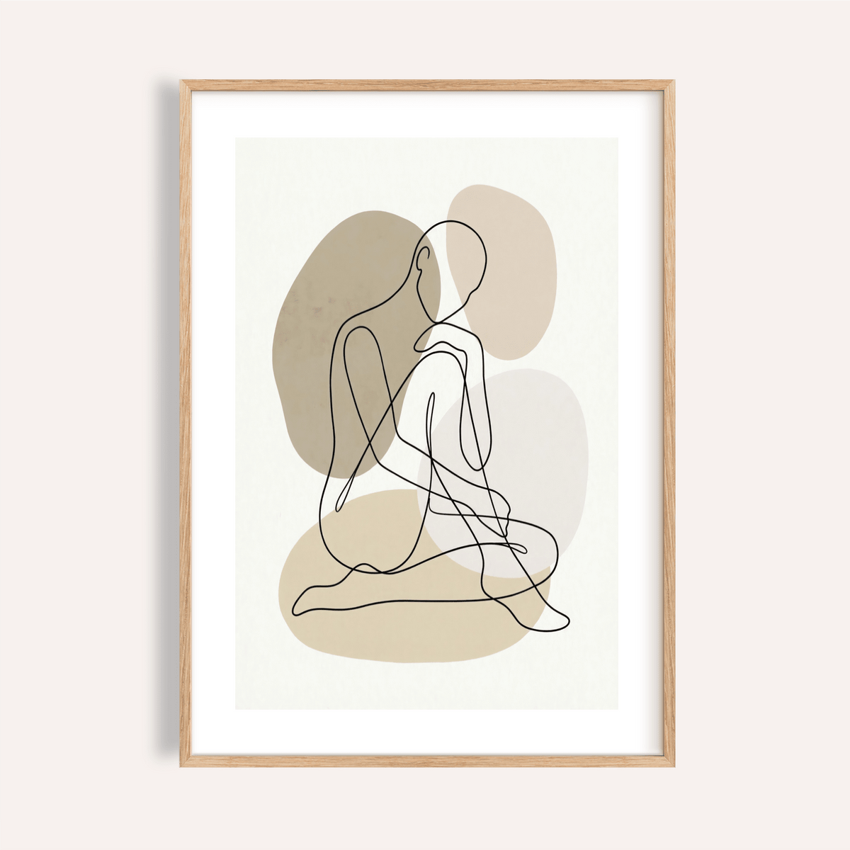 Line Art Figure Print showing minimalist seated outline over gray and beige shapes