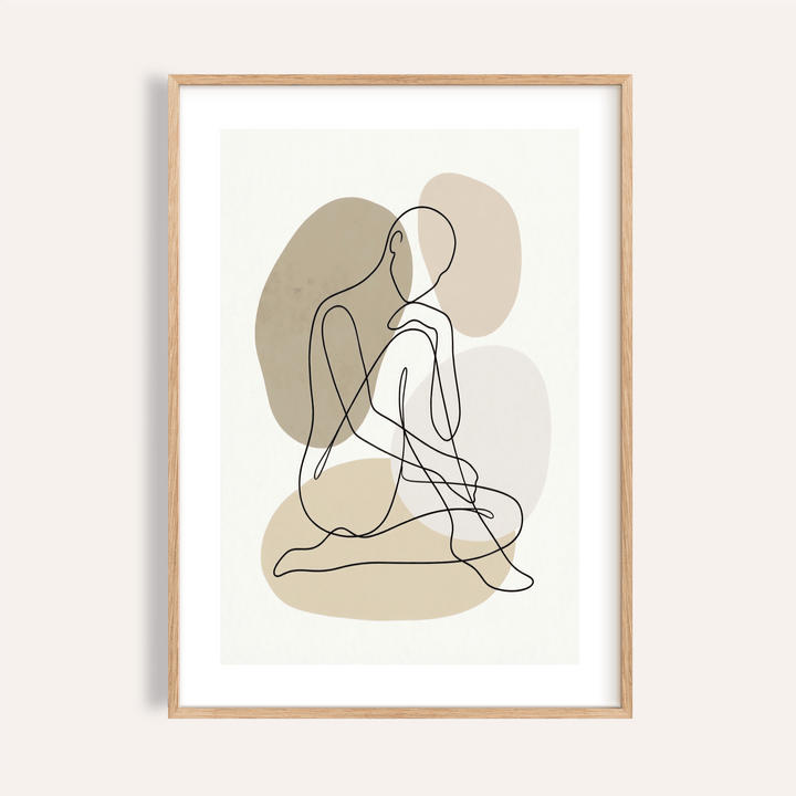 Line Art Figure Print showing minimalist seated outline over gray and beige shapes