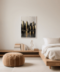 Gold and Black Skyline Poster perfect for urban themed rooms with gold, black, and gray contrast