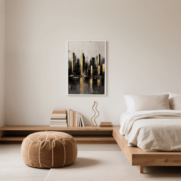 Gold and Black Skyline Poster perfect for urban themed rooms with gold, black, and gray contrast