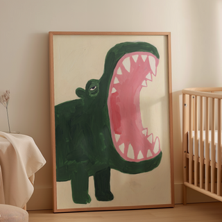 Hand-painted look crocodile poster with textured strokes and tooth shapes