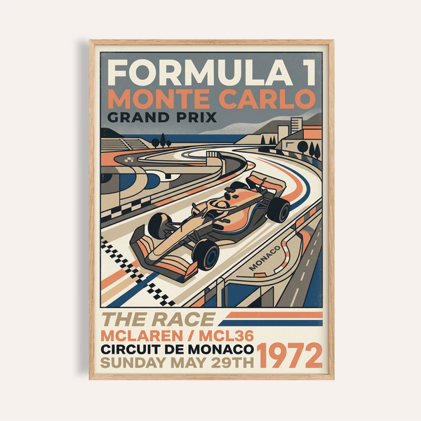 Framed-style view of Mont Carlo Racing Poster wall art with Formula 1 car and Monte Carlo Grand Prix text