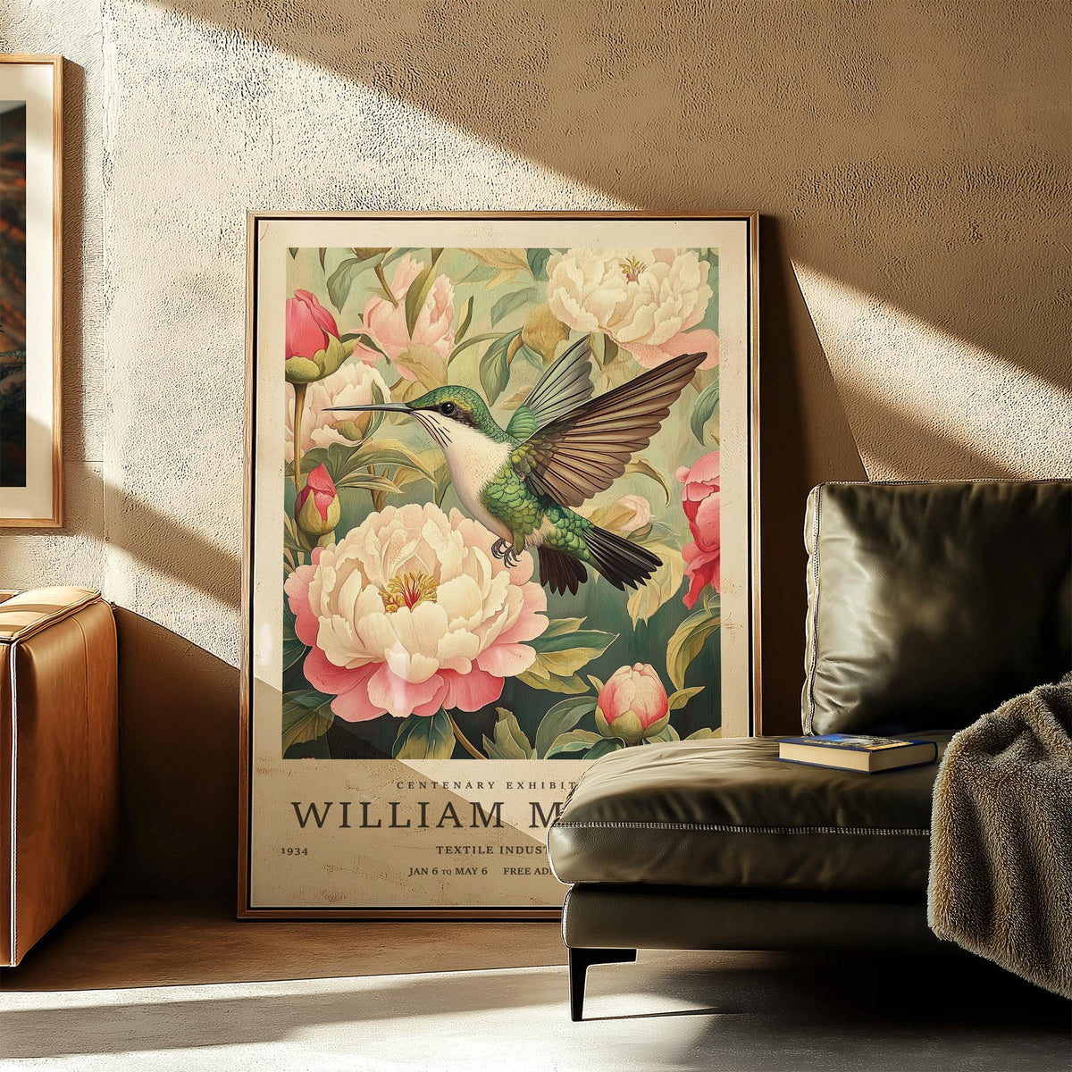 Botanical bird artwork showing hummingbird among warm-toned floral backdrop.