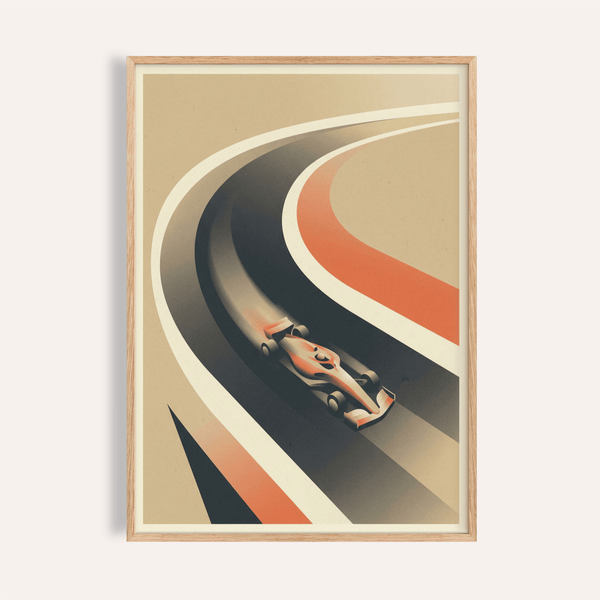 Vintage Race Car Poster with streamlined formula car on curved track