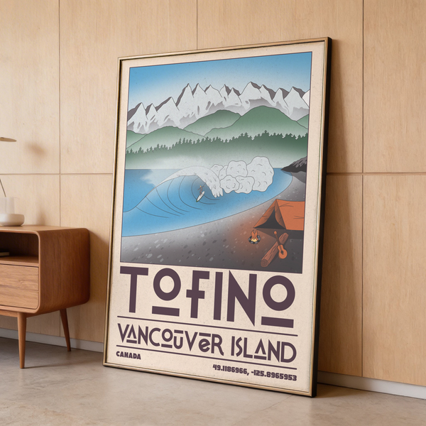 Camping scene with tent, campfire, and guitar near the shoreline