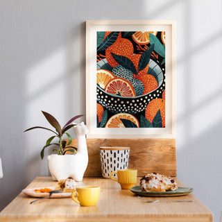 Citrus still life bowl of oranges art with dotted textures and teal leaves.