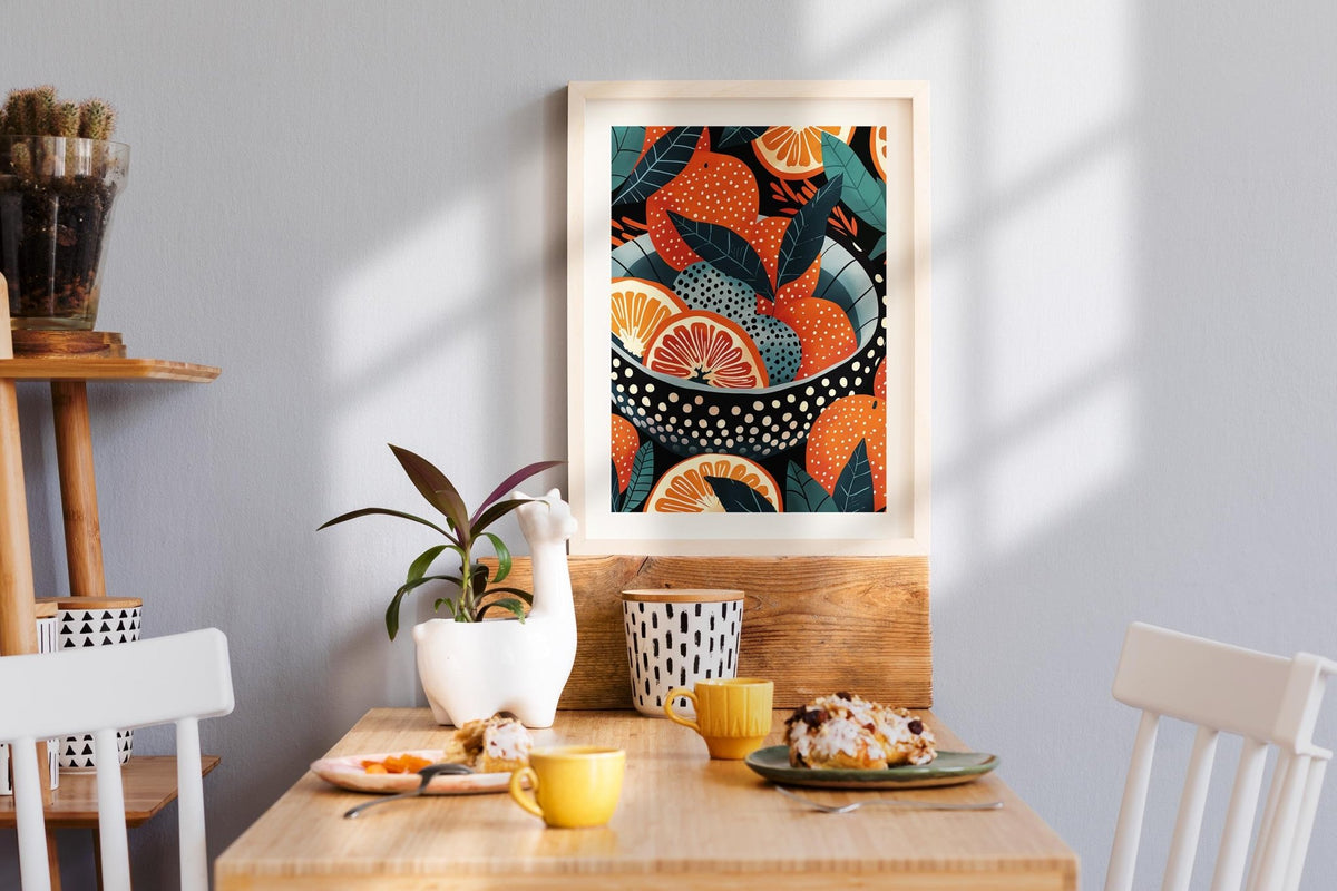 Citrus still life bowl of oranges art with dotted textures and teal leaves.