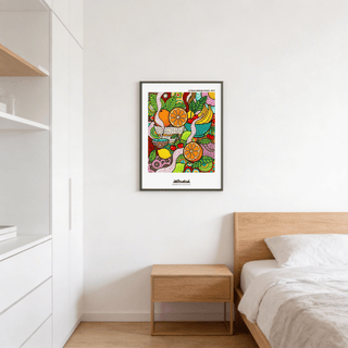 Contemporary still life print of fruit and bowls in multicolored palette