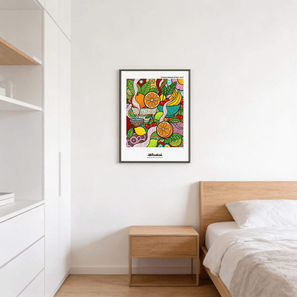 Contemporary still life print of fruit and bowls in multicolored palette