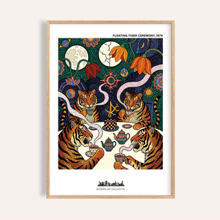 Floating tiger tea ceremony wall art print with four tigers holding teacups at a table