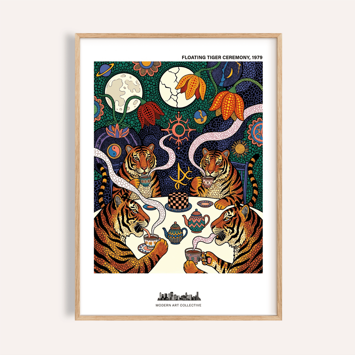 Floating tiger tea ceremony wall art print with four tigers holding teacups at a table