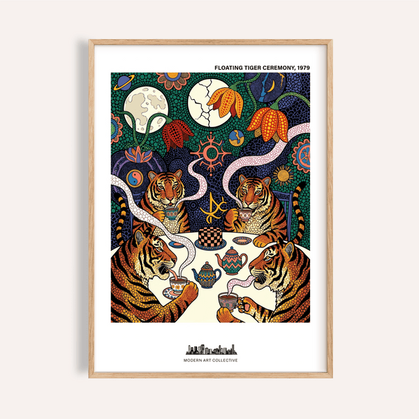 Floating tiger tea ceremony wall art print with four tigers holding teacups at a table