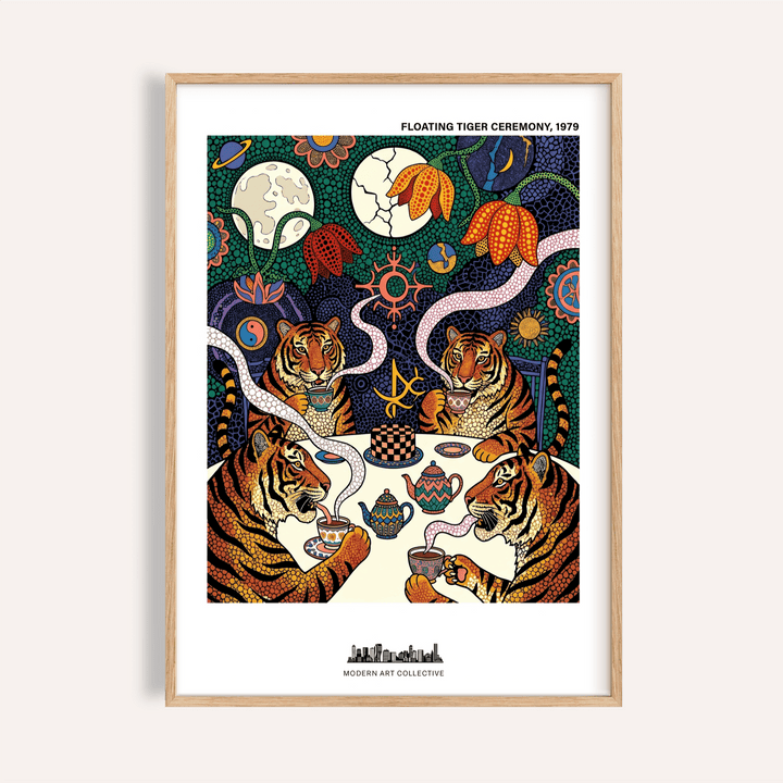 Floating tiger tea ceremony wall art print with four tigers holding teacups at a table