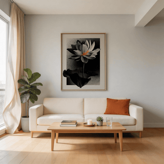 Minimal lotus poster with fine line shading in monochrome tones