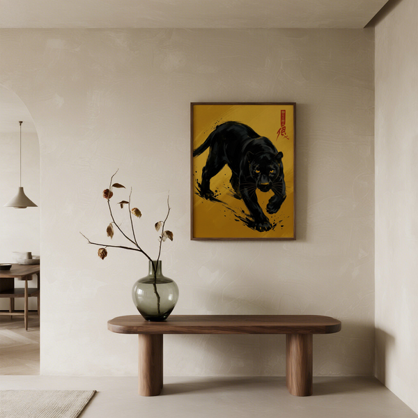 Panther Art Print with yellow background, perfect wall art for bedroom