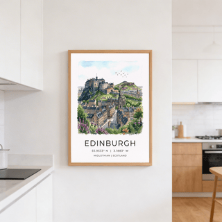 Architectural Edinburgh wall art print showing old town rooftops and distant hill