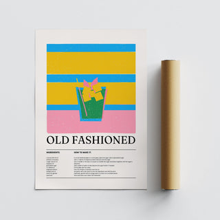 Vintage-inspired whiskey cocktail print with abstract stripe design.