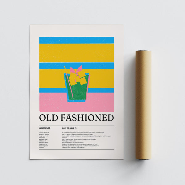 Vintage-inspired whiskey cocktail print with abstract stripe design.