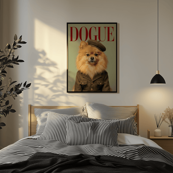 Pomeranian Soldier Art poster with green uniform, red text, perfect for bedrooms