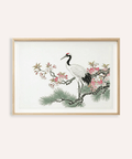 Featured Crane Cherry Blossom Art Print poster with crane perched on flowering branch