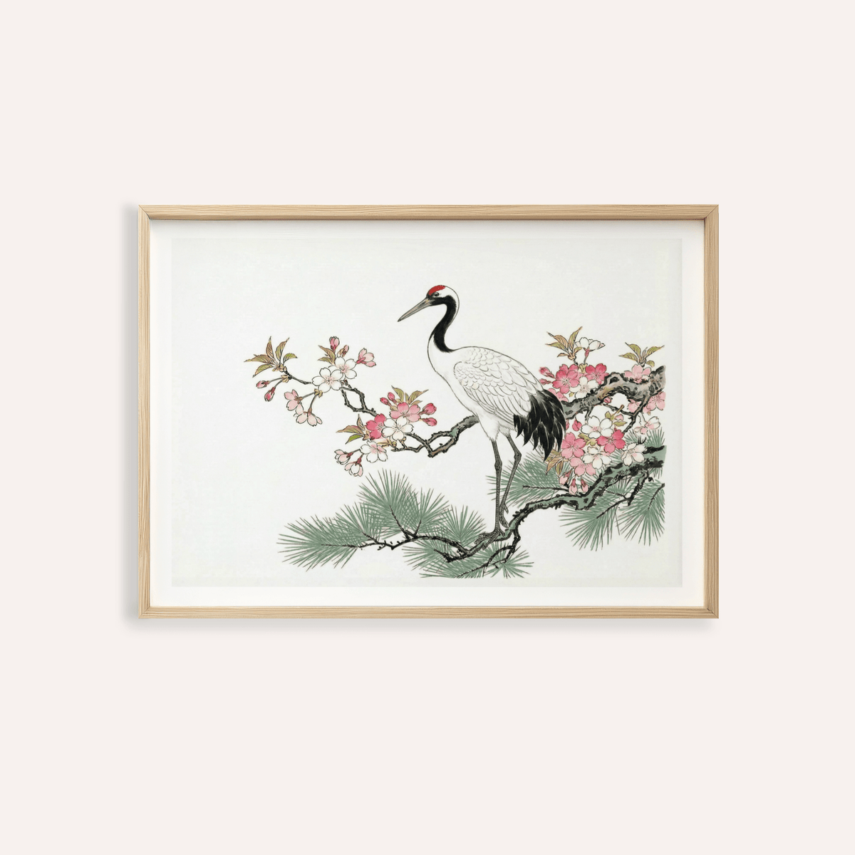 Featured Crane Cherry Blossom Art Print poster with crane perched on flowering branch