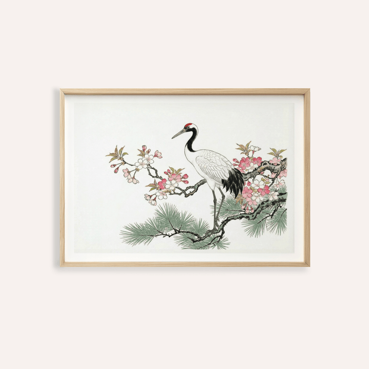 Featured Crane Cherry Blossom Art Print poster with crane perched on flowering branch