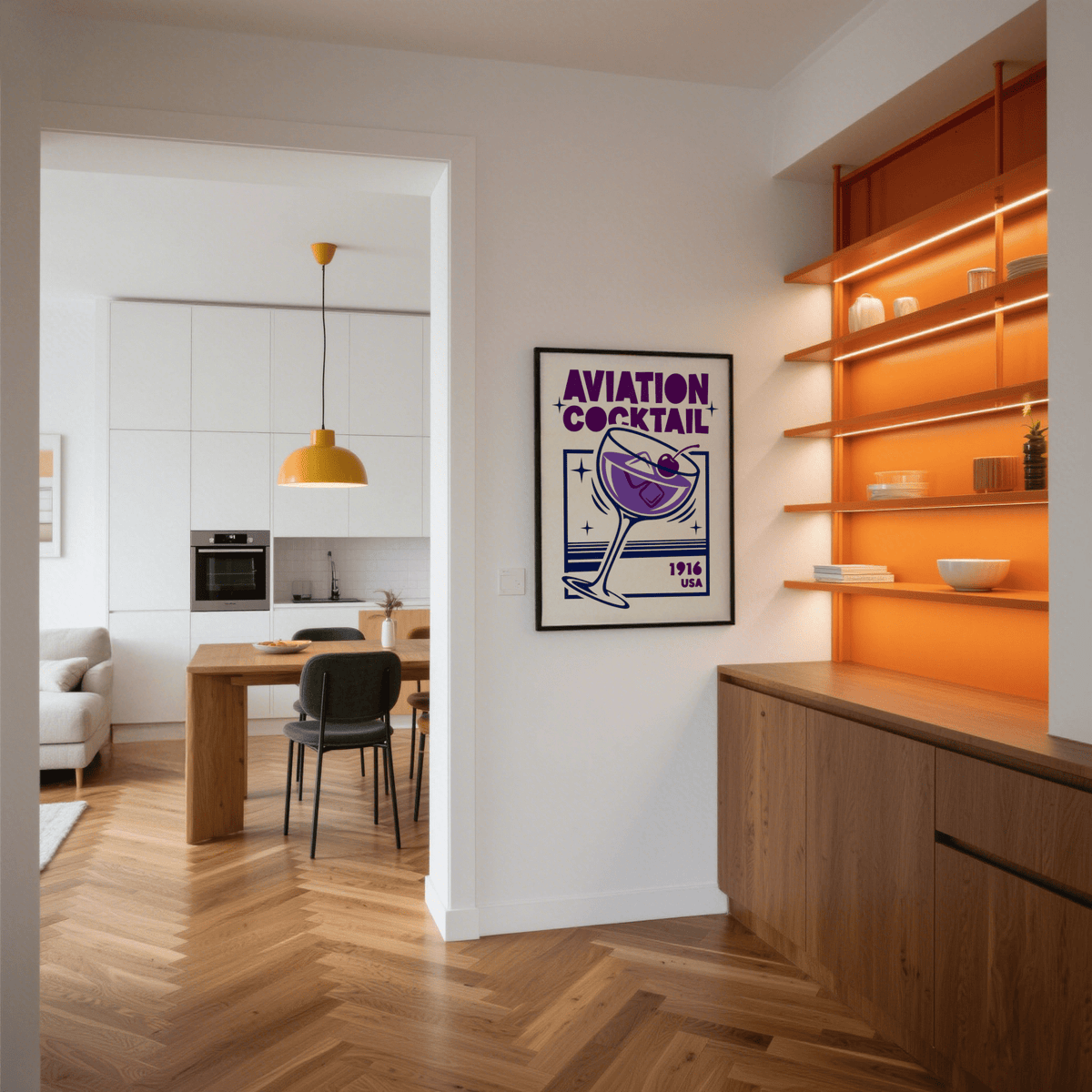 Aviation Cocktail Print wall art poster for dining room in Purple and Blue