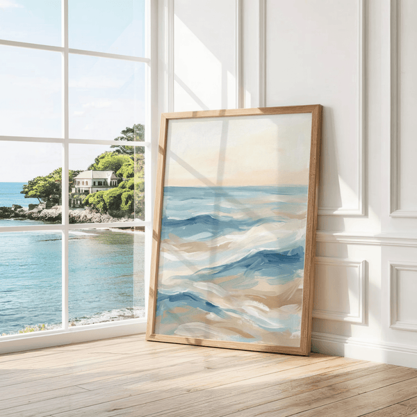 Elegant Ocean Wave Art Print with blue, white, and beige for studio space poster