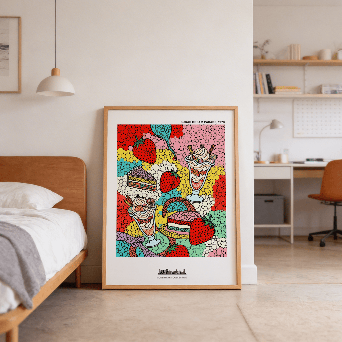 Colorful food-themed wall art print with strawberries and cake slices in a patterned layout