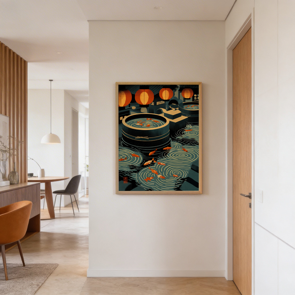 Architectural koi pond scene poster print with multiple round pools and lanterns
