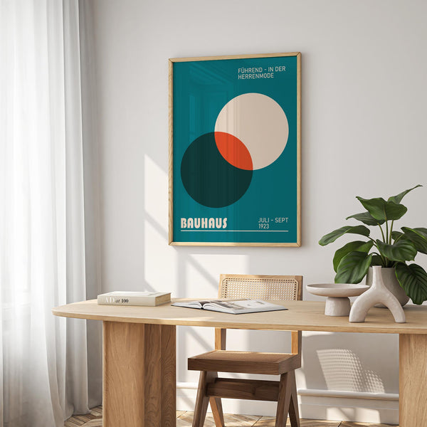 Large modern office wall art print in beige, teal, and orange tones