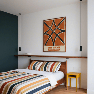 Graphic basketball wall art print showing curved seam pattern and distressed halftone texture
