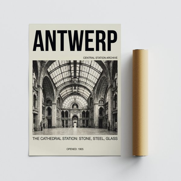 Minimal text poster print reading Antwerp and Opened 1905 beneath photo