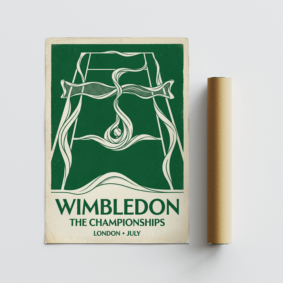 Minimal vintage sports poster print with court outline, ribbons, and centered ball