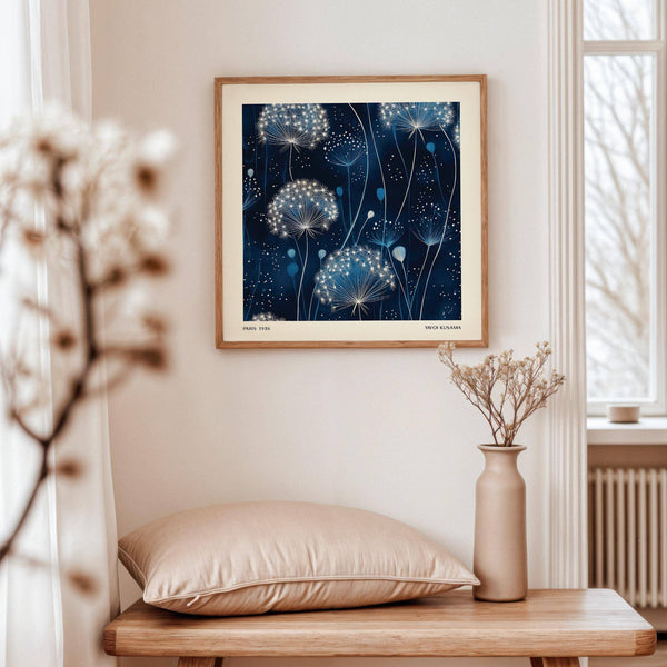 Elegant floral wall print included in minimalist blue art work