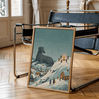 Winter Landscape Wall Art showing Black dog and village, perfect wall art