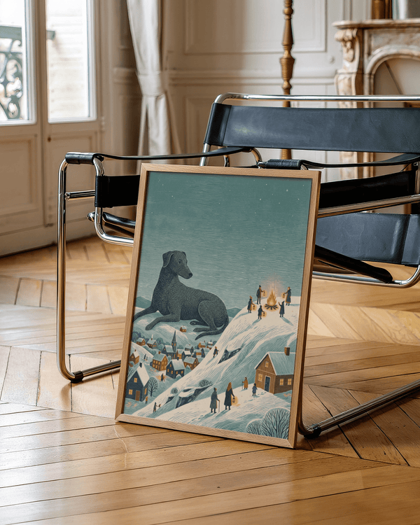 Winter Landscape Wall Art showing Black dog and village, perfect wall art