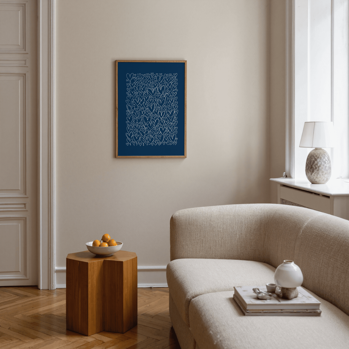 Contemporary Art with Hearts poster with Blue, Beige for nursery